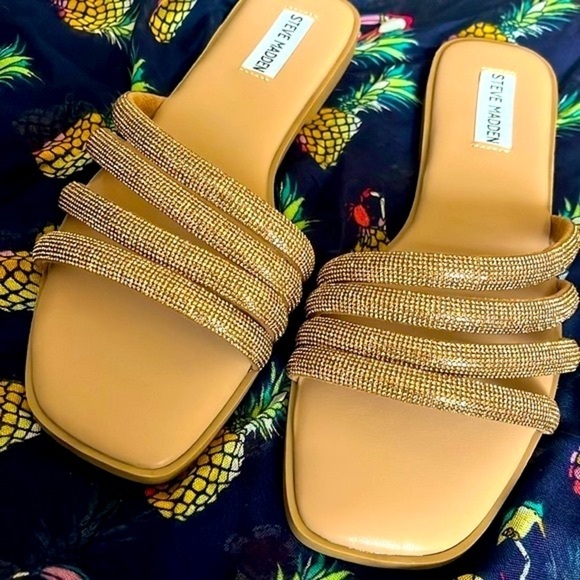 Brand New Steve Madden Rhinestone Multi-Strap Slip-On Sandals Bling Bronze Slide - Picture 13 of 15